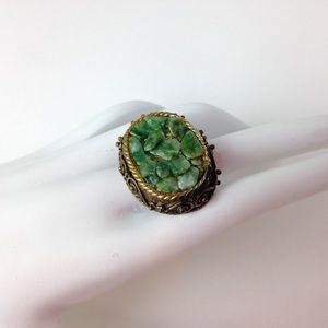 Handmade vintage upcycled ring green boho stones
